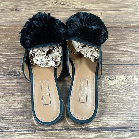 Aquazzura Black Pom Pom Slip-On Miles Flats Women’s Size 6 (36) - Picture 3 of 9